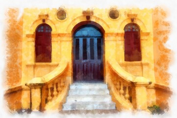 The ancient yellow building colonial architecture There are beautiful decorative stucco components, doors and windows watercolor style illustration impressionist painting.