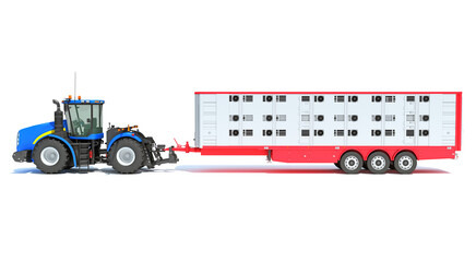 Tractor with Animal Transporter Trailer 3D rendering on white background