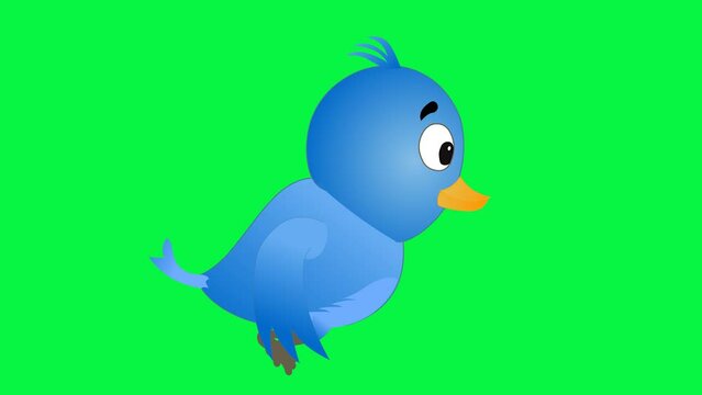 Blue Bird flying side on green screen. Cute Blue Bird cartoon animation with alpha channel. Key color, alpha channel. 4K video