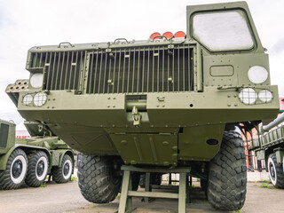 Obraz premium Soviet and Russian multiple rocket launchers. Field jet system. A combat vehicle on the chassis of a truck. The cabin of the combat vehicle of the multiple launch rocket system.