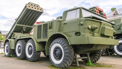 Soviet and Russian multiple rocket launchers. Field jet system. A combat vehicle on the chassis of...