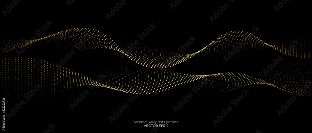 Aufkleber Flowing dots particles wave pattern gold light isolated on black background. Vector in concept of technology, science, music, modern.