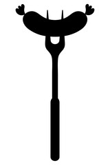 Sausage on a fork. Silhouette. Grilled frankfurter sausage. Sketch. Vector illustration. Juicy barbecue sausage. Coloring book for children. Outline on isolated background. Idea for web design.