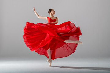 A young graceful ballerina, dressed in pointe shoes and a weightless red skirt, demonstrates her...