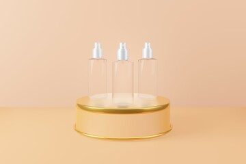 Glass spray bottle beauty cosmetic on gold stand podium 3D illustration with earth tone background