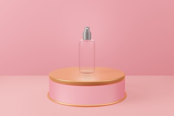 Glass spray bottle beauty cosmetic on pink and copper podium Blank mockup 3D illustration with blue background