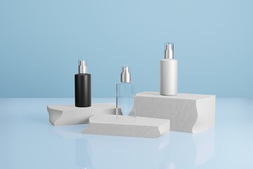 Set of glass black and white spray bottle beauty cosmetic on rock stand podium Blank mockup 3D illustration with blue background