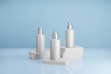 Set of white spray bottle beauty cosmetic on rock stand podium Blank mockup 3D illustration with blue background