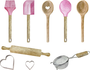 Watercolor logo of pastry shop with culinary spatula, whisk and pink pastry bag on white background.