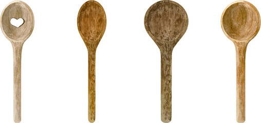 Watercolor illustration of culinary wooden brown cooking spoons