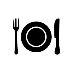 Restaurant Metal Cutlery for Dinner Glyph Pictogram. Fork Knife Plate Black Silhouette Icon. Dishware Cafe Food Lunch Flat Symbol. Dining Knife and Fork Silverware Sign. Isolated Vector Illustration