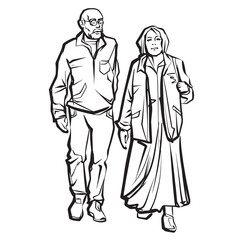 Fototapeta na wymiar Happy elderly couple on a walk. Ink drawing. Vector illustration