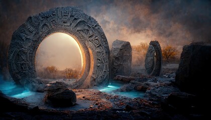 A magical portal on a mountain cliff, a fantastic landscape with a glowing bright yellow portal, the entrance to another world. Portal made of stone. 3d render - obrazy, fototapety, plakaty