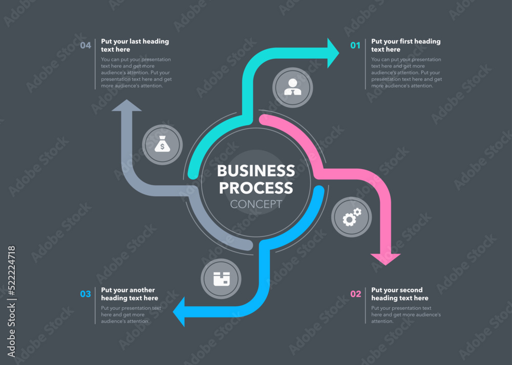 Aufkleber Business process template with four stages - dark version. Modern flat template for data visualization.