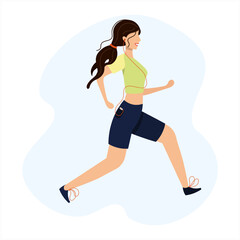 Fototapeta na wymiar Woman jogging, listening to music in headphones. The girl runs, goes in for fitness. Active healthy lifestyle vector illustration, flat style modern design isolated on blue and white background.