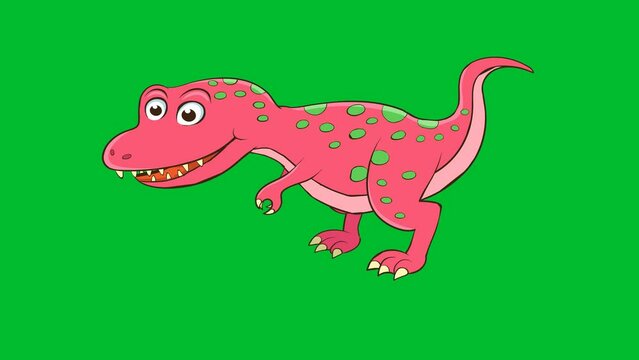 Cartoon pink Dinosaur animation on a green screen. Dinosaur animation with alpha channel. Key color, color key, alpha channel. 4K video
