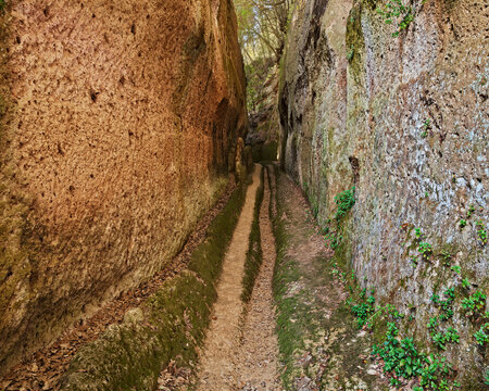 Pitigliano, Grosseto, Tuscany, Italy: Etruscan Vie Cave, excavated roads, long trench dug into the tuff that connected ancient necropolis and various settlements, also in the area of Sovana and Sorano