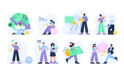 Financial trouble concepts. Modern characters with economic, and business problems. People with outstanding payments, bank problems, losing money, and jobs. Set of isolated vector illustrations.