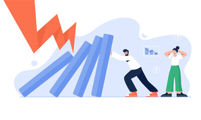 Crisis concept. Confused man and woman try to stop falling elements due to global crises or economic collapse. Domino effect. Surviving business, company, or world concept. Vector flat illustration.