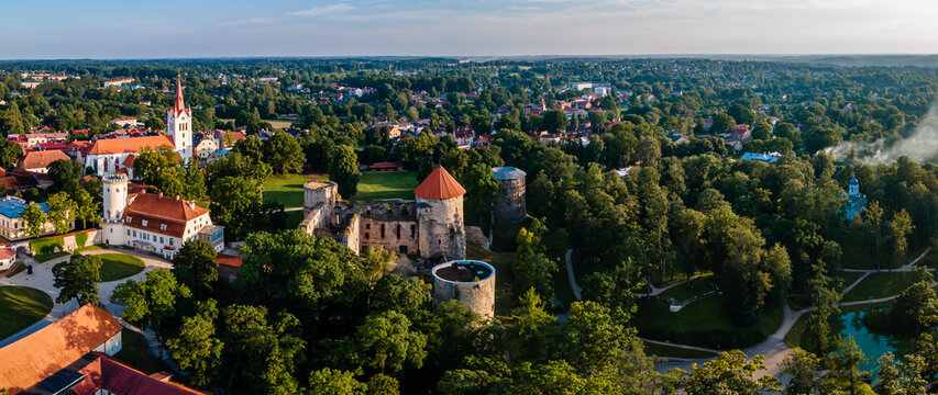 Aerial view of beautiful ruins of ancient Livonian castle in old town of Cesis, Latvia. Located within Gauja national park