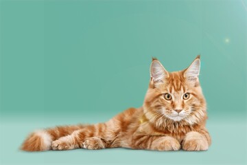 Senior cat lying sideways on colored background. Stretched out and relaxed enjoying live.