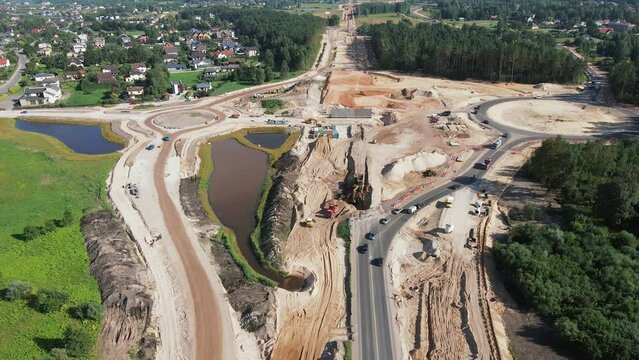 Road construction Kekava Bypass near Balozi, Riga. New section of the road A7 Riga &ndash; Bauska and a part of the international road E67 Via Baltica