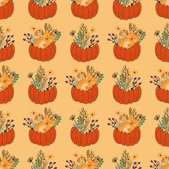 Seamless pattern with cats. Pattern with pumpkins. Halloween, flowers, cat, autumn, leaves.