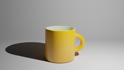 Yellow ceramic cup or mug with a handle on white background. 3D render illustration