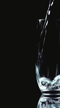 vertical video of water pouring into transparent glass isolated on black