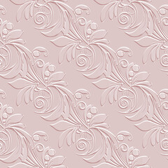 Fototapeta na wymiar Textured floral 3d seamless pattern. Embossed pink background. Vintage emboss flowers, leaves. Repeat surface vector backdrop. Floral relief 3d ornaments. Endless ornate texture with embossing effect