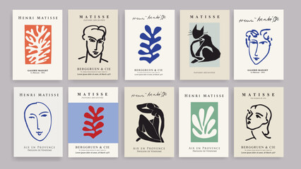 Matisse Abstract Art Set, Aesthetic Modern Art, Floral Boho Decor, Minimalist Art, Portrait Illustration, Vector, Poster, Postcard. Collection for decoration. Abstract trendy modern creative art. - obrazy, fototapety, plakaty