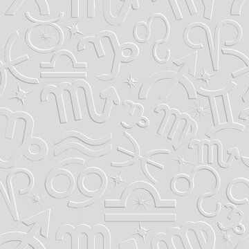Textured 3d zodiac signs seamless pattern. White ornamental embossed zodiacal signs background. Trendy repeat surface vector backdrop. Zodiac signs ornaments. Emboss endless texture. Astrology signs