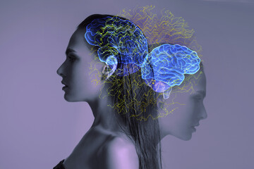 bipolar mental disorder. Double face. Split personality. Conceptual mood disorder. Dual personality concept. 2 silhouettes of a female head. mental health. Imagination.