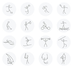 Sport icons set. Vector outline isolated sports theme signs for web or app. Editable stroke template. Stylized sportsman pictogram, contour doodles people figure
