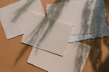 Aesthetic layout of handmade paper card mockups. Branding, graphic design, portfolio template. Blank wedding paper kit. - obrazy, fototapety, plakaty