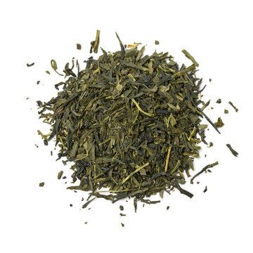 Sencha Superior dried tea leaves isolated on white background close up