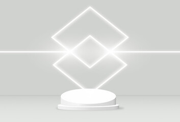 Abstract 3D rendering White base cylinder podium studio with a neon light on the wall. Geometric shape object illustration for banner, poster, and wallpaper. Display showcase product.