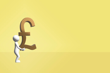 man carrying money concept 3D figure carrying a 3D gold metal pound sterling currency symbol sign