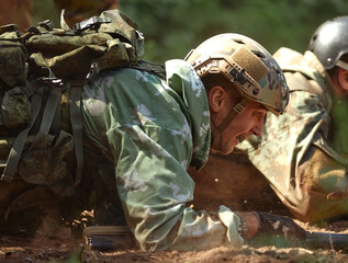 Soldiers game on military training ground battle camp. Action. Operation Trainer giving training to...
