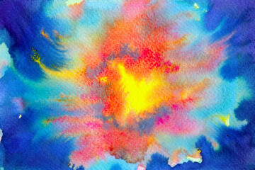 red orange hot fire flame eruption burn splash on blue sky universe abstract sun energy power galaxy background watercolor painting art texture illustration design hand drawing
