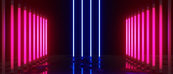 Fototapeta premium abstract backgound video game of esports scifi gaming cyberpunk, vr virtual reality simulation and metaverse, scene stand pedestal stage, 3d illustration rendering, futuristic neon glow room