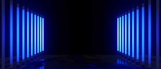 Obraz premium abstract backgound video game of esports scifi gaming cyberpunk, vr virtual reality simulation and metaverse, scene stand pedestal stage, 3d illustration rendering, futuristic neon glow room