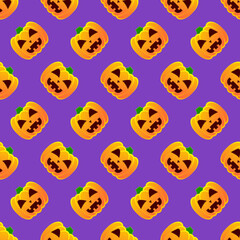 Halloween pumpkin seamless pattern. Colorful halloween pumpkin lanterns on purple background. Halloween background with funny face pumpkin. Design for print wrapping paper, fabric. Vector illustration