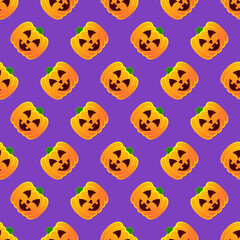 Halloween pumpkin seamless pattern. Colorful halloween pumpkin lanterns on purple background. Halloween background with funny face pumpkin. Design for print wrapping paper, fabric. Vector illustration