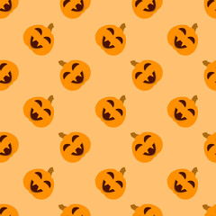 Halloween pumpkin seamless pattern. Halloween pumpkin lanterns on yellow background. Halloween background with orange pumpkin. Design for print wrapping paper, wallpaper, fabric. Vector illustration