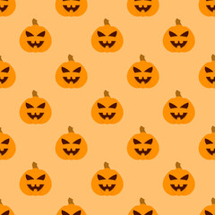 Halloween pumpkin seamless pattern. Halloween pumpkin lanterns on yellow background. Halloween background with orange pumpkin. Design for print wrapping paper, wallpaper, fabric. Vector illustration