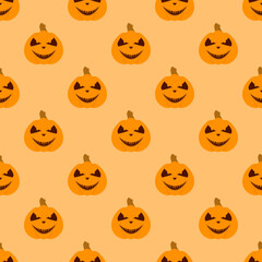 Halloween pumpkin seamless pattern. Halloween pumpkin lanterns on yellow background. Halloween background with orange pumpkin. Design for print wrapping paper, wallpaper, fabric. Vector illustration