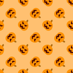 Halloween pumpkin seamless pattern. Halloween pumpkin lanterns on yellow background. Halloween background with orange pumpkin. Design for print wrapping paper, wallpaper, fabric. Vector illustration