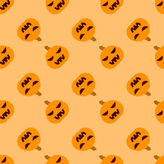 Halloween pumpkin seamless pattern. Halloween pumpkin lanterns on yellow background. Halloween background with orange pumpkin. Design for print wrapping paper, wallpaper, fabric. Vector illustration
