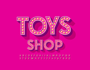 Vector advertising banner Toys Shop. Artistic Alphabet Letters and Numbers set with Light Bulbs. Bright lamp Font.